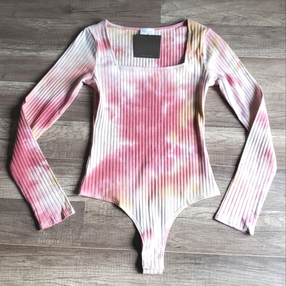 Le Lis Tops - Women's Square Neck Long Sleeve Tie Dye Thong Bodysuit